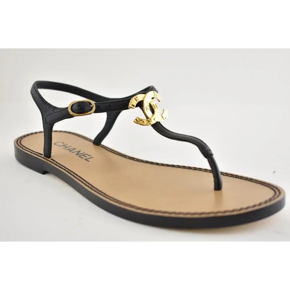 Chanel 25S Black Leather CC Gold Logo Ankle Strap Thong Mule Flat Sandal 38